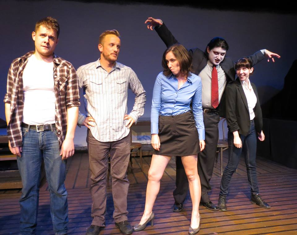 The cast of LAMPREY (L-R: Colin Willkie as "Tony," Pete Caslavka as "Chris," Carrie Keranen as "Lynn / Lamprey," Scot Shamblin as "Man in Suit," & Rebecca Benzell as "Jen")